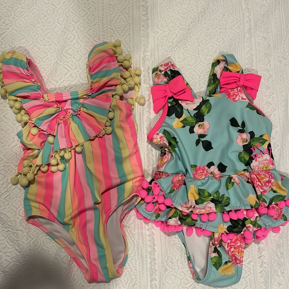 2T girls bathing suits with Pom poms